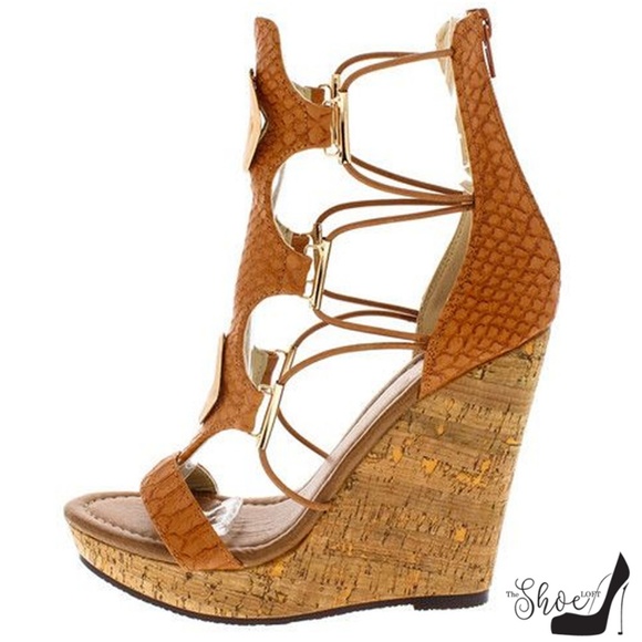 The Shoe Loft Shoes - Kestia Camel Snake Open Toe Strappy Wedge The Shoe Loft Shoes - Kestia Camel Snake Open Toe Strappy Wedge